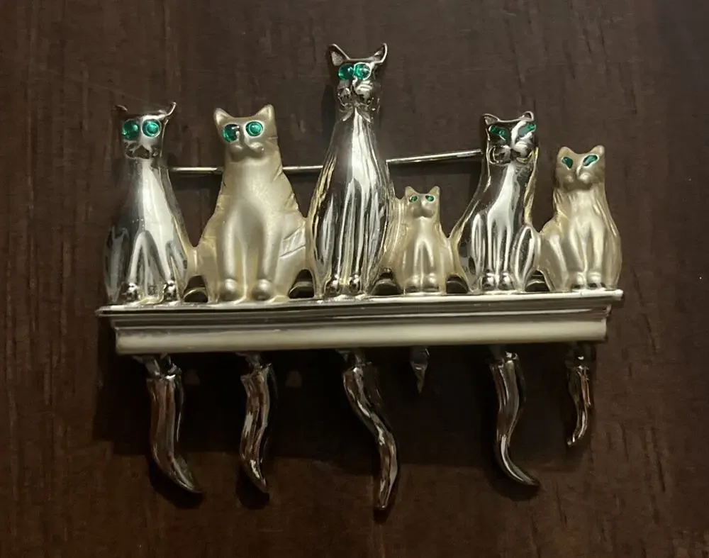 Vintage Goldtone Metal Brooch Pin with Six Cats with Moving Tails and Green Eyes